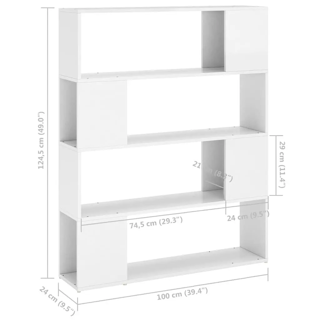 Book Cabinet Room Divider White High Gloss 100W x 24D x 124H cm