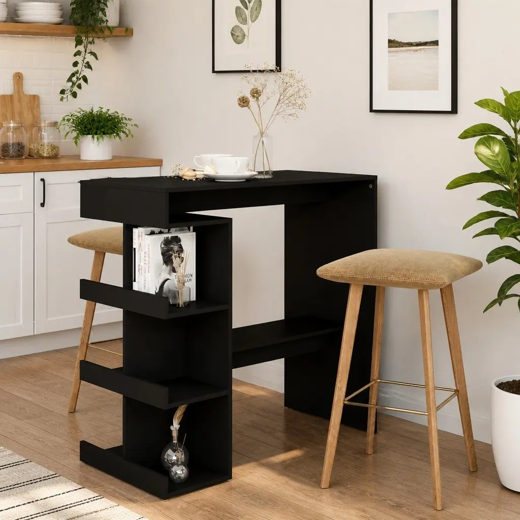 Bar Table with Storage Racks Black Compact High Top Counter 100L x 50W x 1015H cm