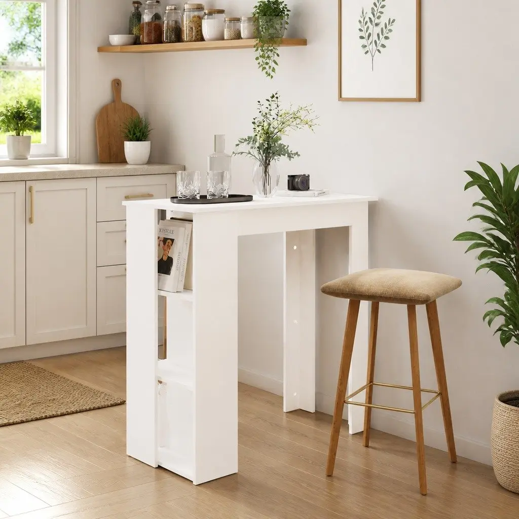 Bar Table with Storage Shelves White Modern Kitchen Dining Bistro Furniture