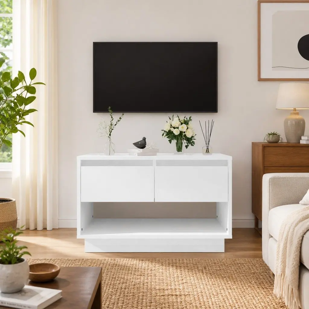 White High Gloss TV Stand with Drawers and Open Compartment 70x41x44cm Storage Unit