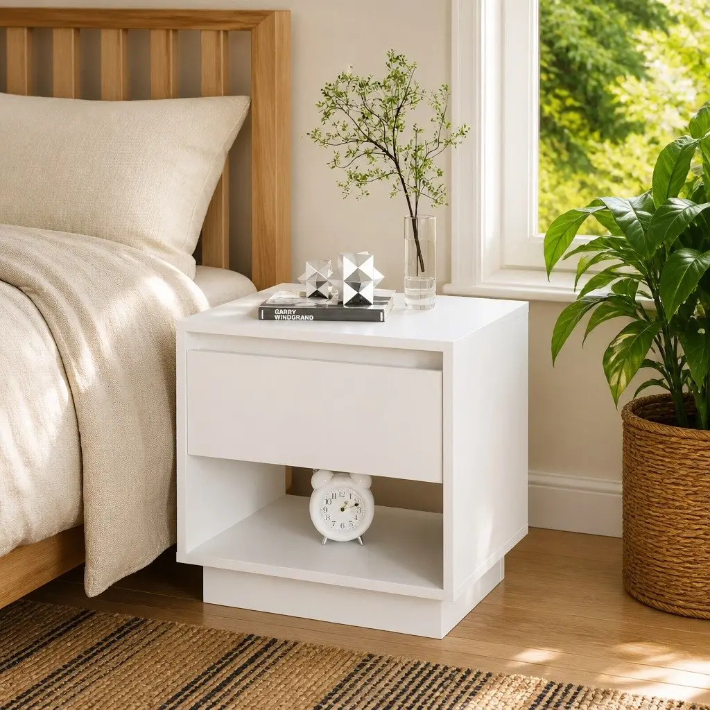 Bedside Cabinet White Engineered Wood Nightstand Storage Drawer Open Compartment 45 x 34 x 44 cm