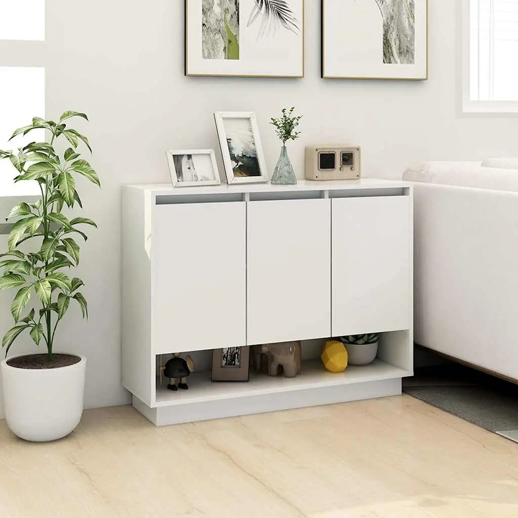 Sideboard High Gloss White Storage Cabinet 3 Doors Open Compartment 97W x 31D x 75H cm