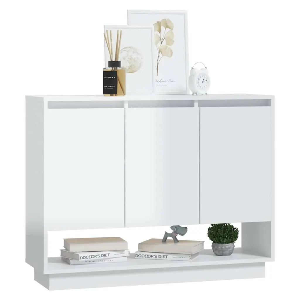 Sideboard High Gloss White Storage Cabinet 3 Doors Open Compartment 97W x 31D x 75H cm
