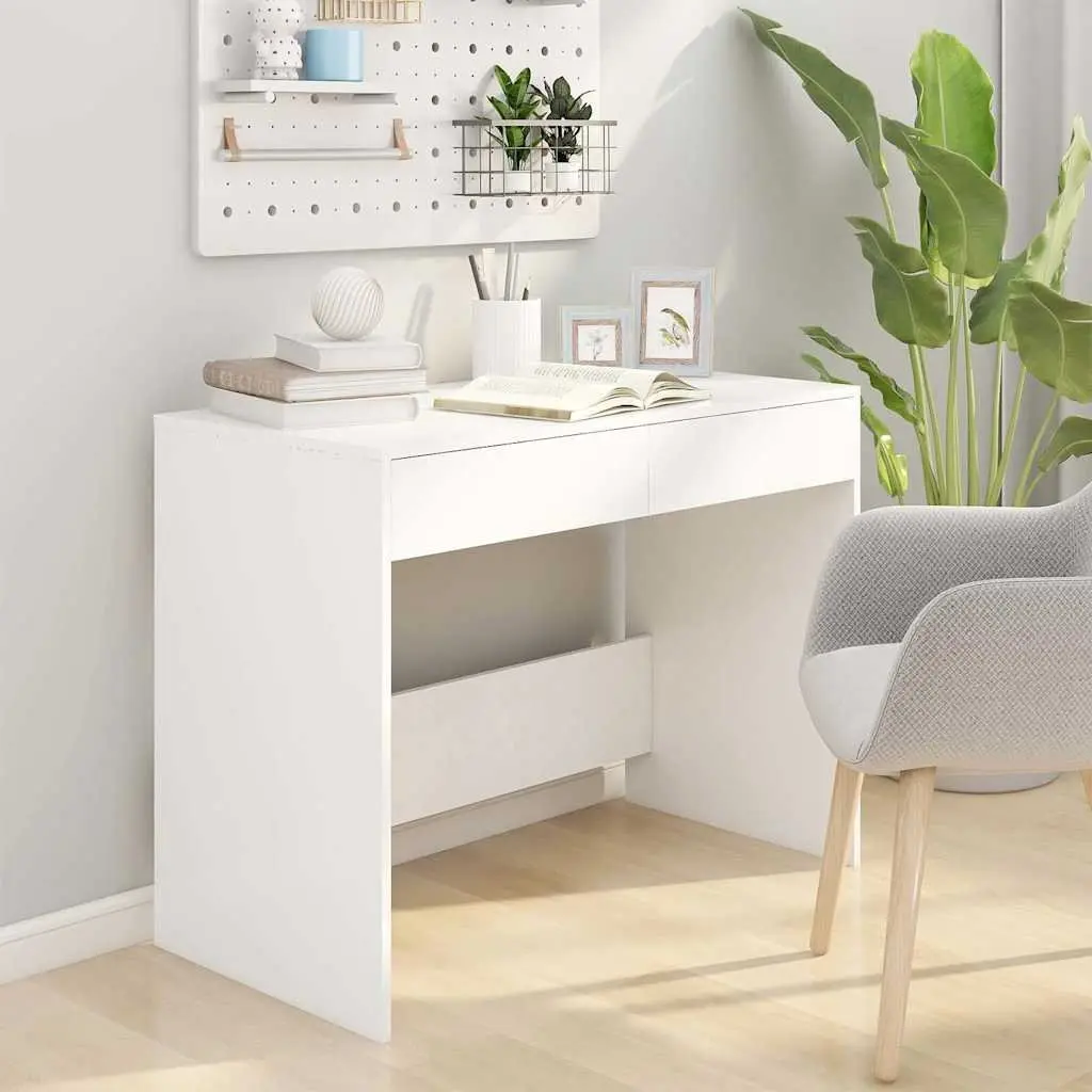 White Office Desk Sturdy Construction 101x50x76.5 cm with 2 Storage Drawers