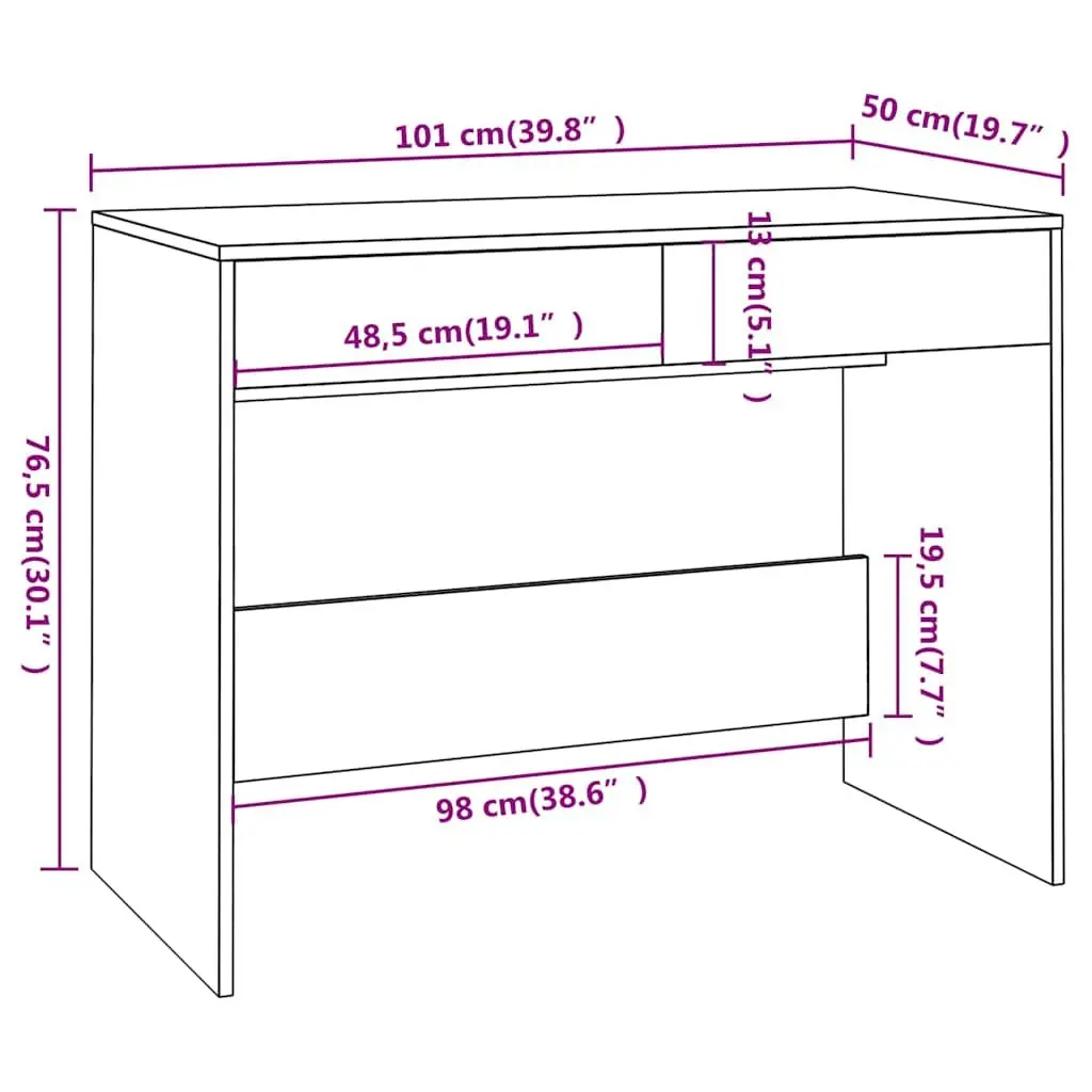 White Office Desk Sturdy Construction 101x50x76.5 cm with 2 Storage Drawers