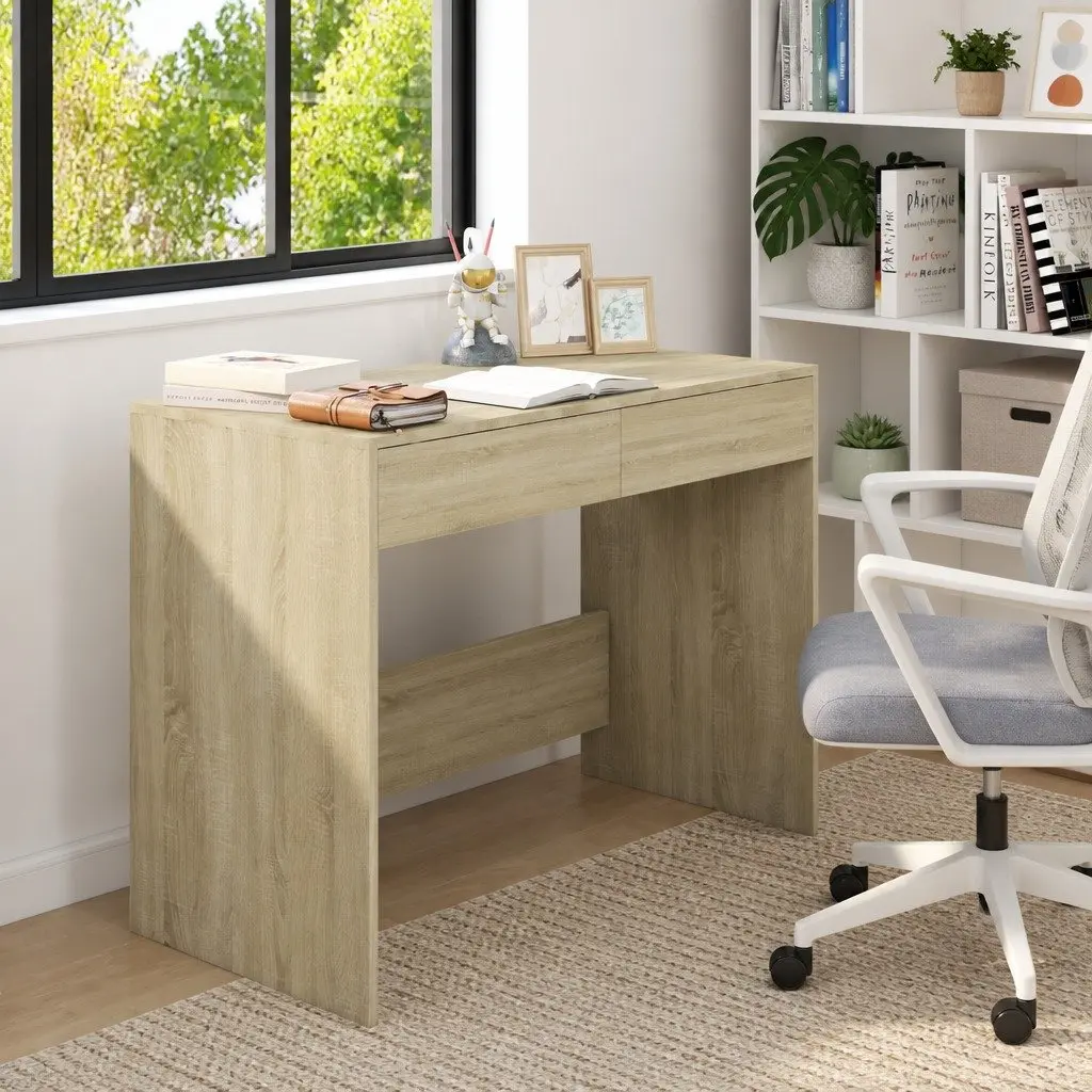 Office Desk Beige Engineered Wood Spacious Workstation with 2 Storage Drawers