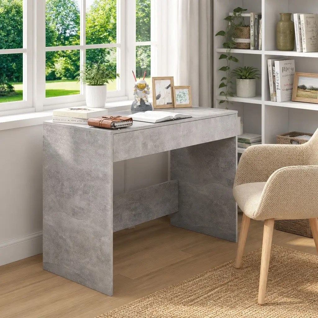 Concrete Grey Workstation with Two Drawers