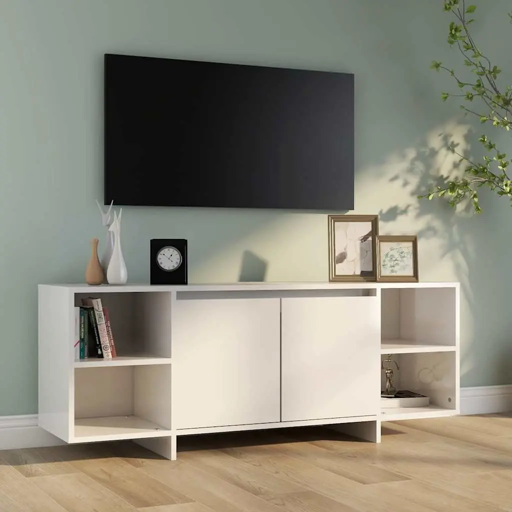 Entertainment Unit White High Gloss 130x35x50cm Storage Cabinet with 2 Doors and 2 Shelves