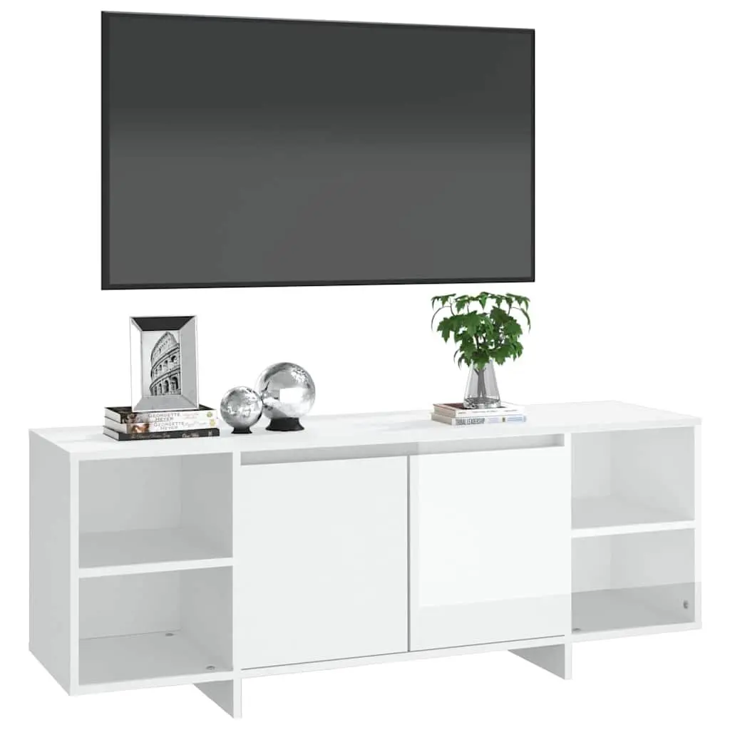 Entertainment Unit White High Gloss 130x35x50cm Storage Cabinet with 2 Doors and 2 Shelves