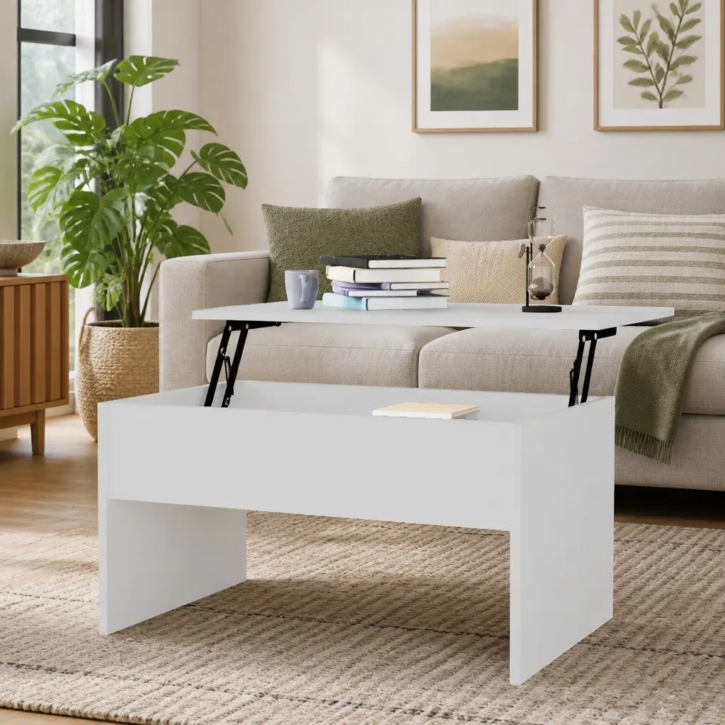 Coffee Table White Lift Top Hidden Storage Engineered Wood Living Room Furniture