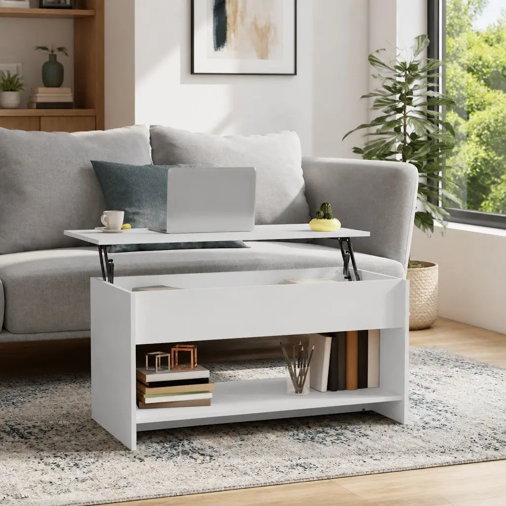 Coffee Table White Lift Top Storage Compartment Adjustable Height Engineered