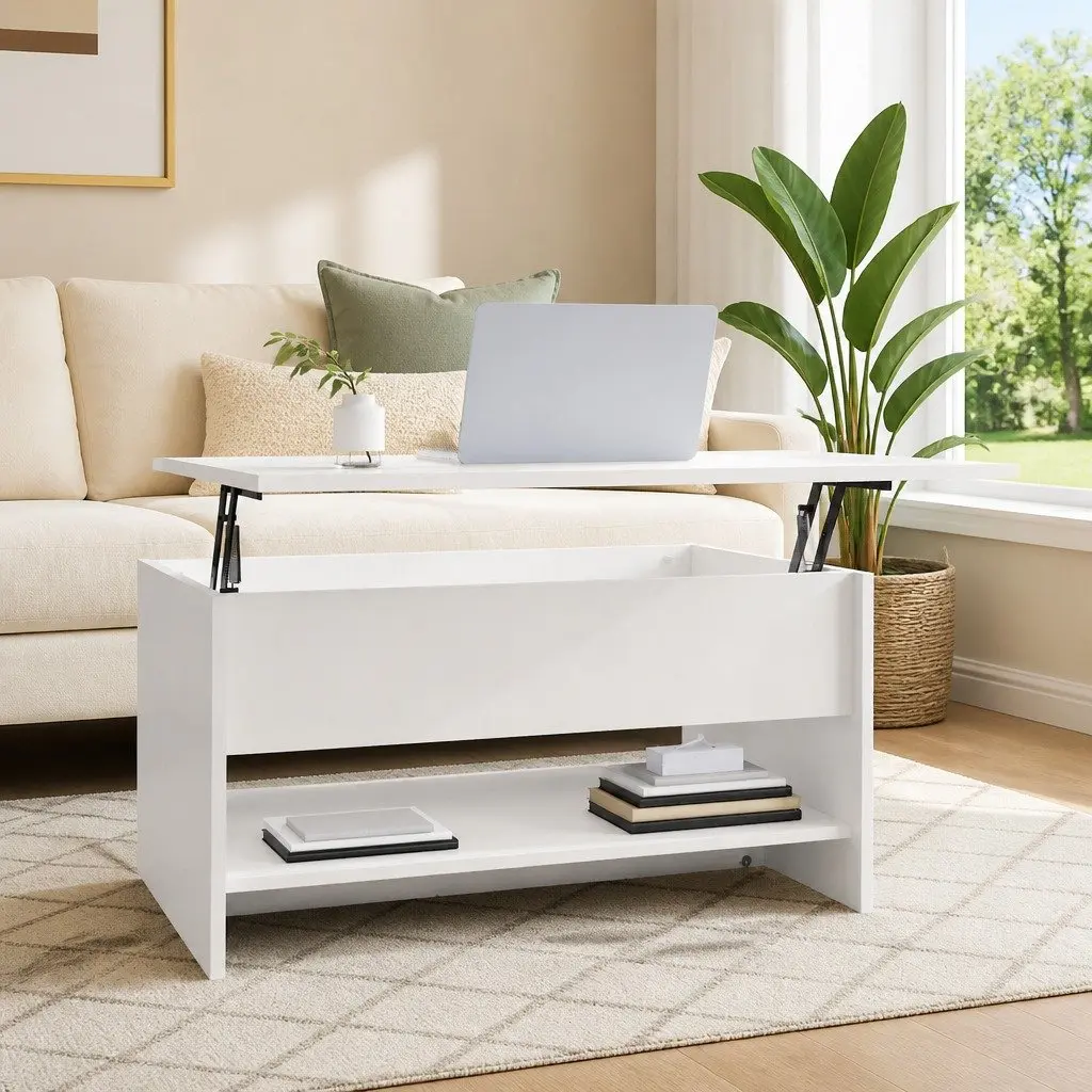 Coffee Table High Gloss White Lift Top Storage Compartment Modern 80L x 50W x 40H cm
