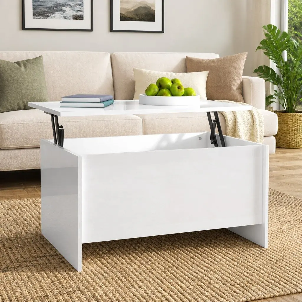 Coffee Table White High Gloss Lift Top Storage Hidden Compartment Engineered