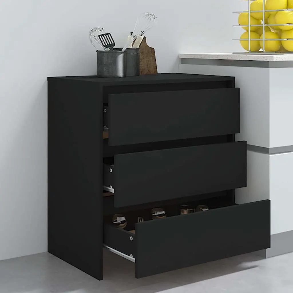 Sideboard Cabinet Black Minimalist 3 Drawer Storage Engineered Wood
