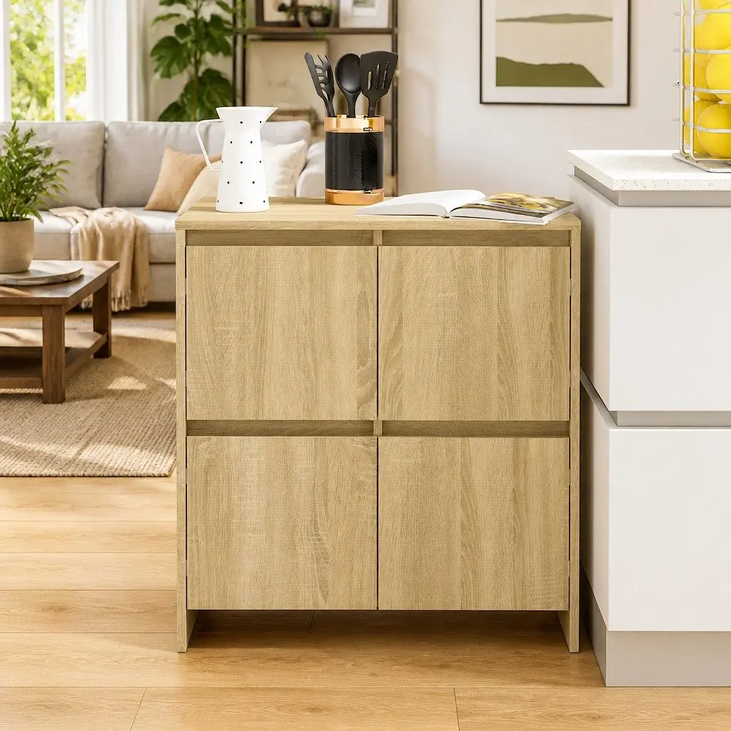 Sideboard Minimalist 4 Door Brown Engineered Wood Storage Cabinet