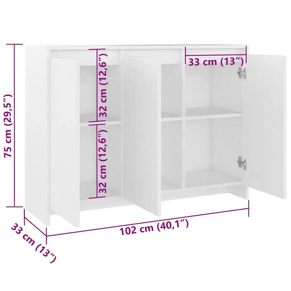 Sideboard White 3 Door Storage Cabinet Engineered Wood 102 x 33 x 75 cm
