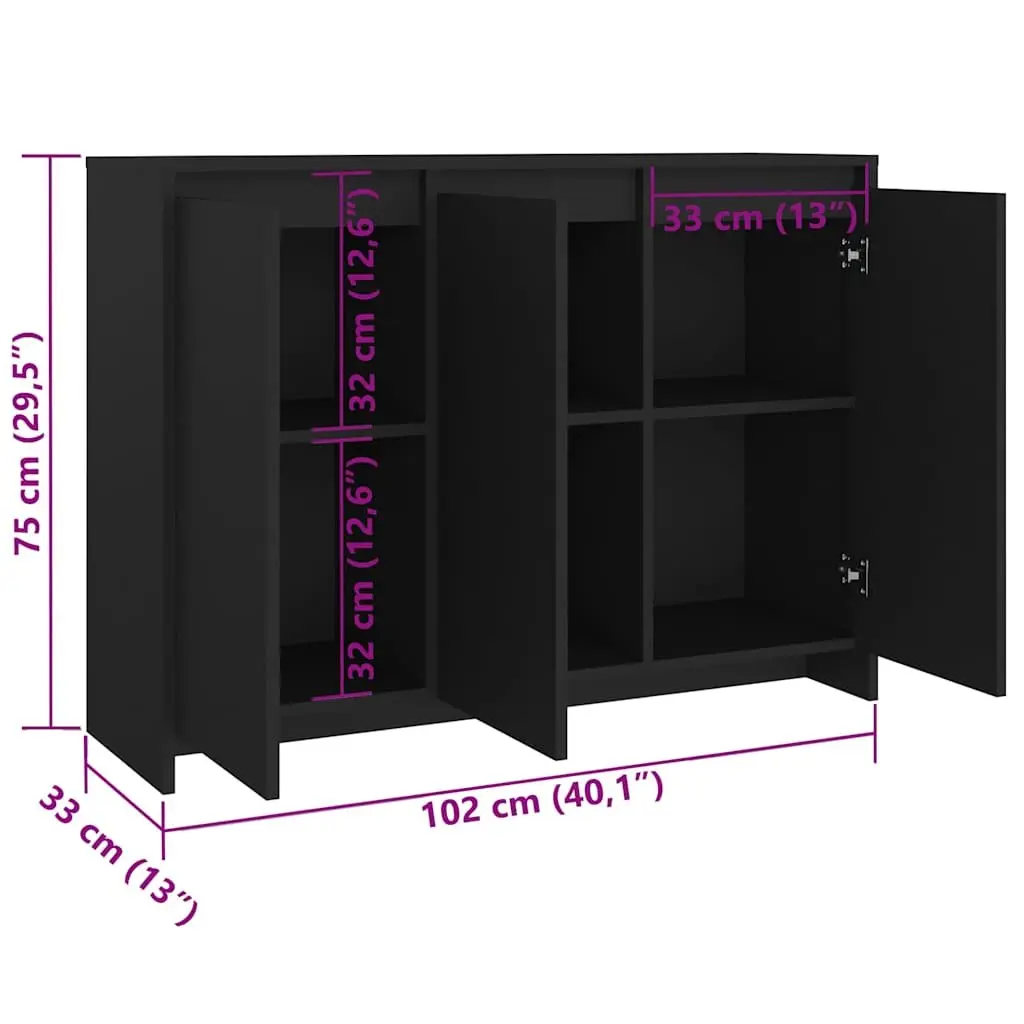 Sideboard Storage Cabinet Black 3 Door Engineered Wood 102cm W x 33cm D x 75cm H