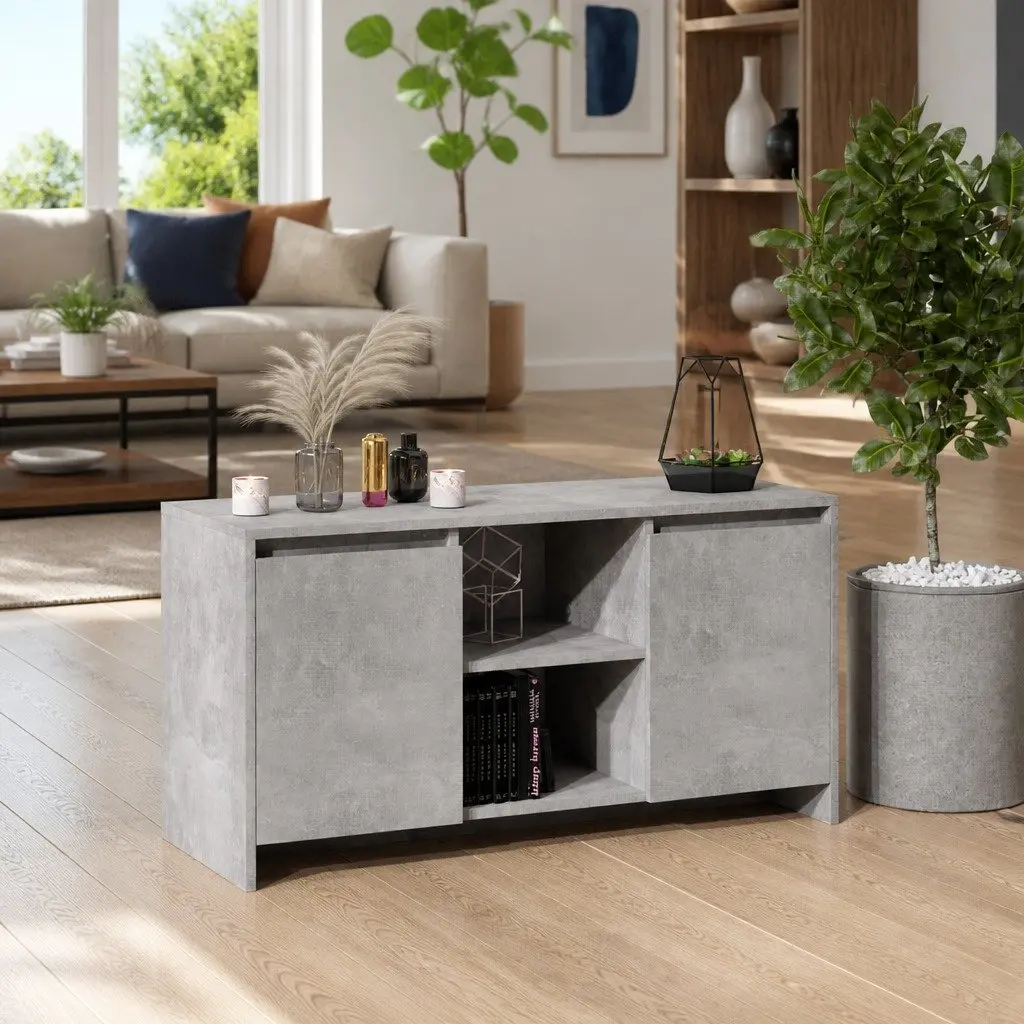TV Cabinet Grey Minimalist Design Storage Unit Doors Compartments Display