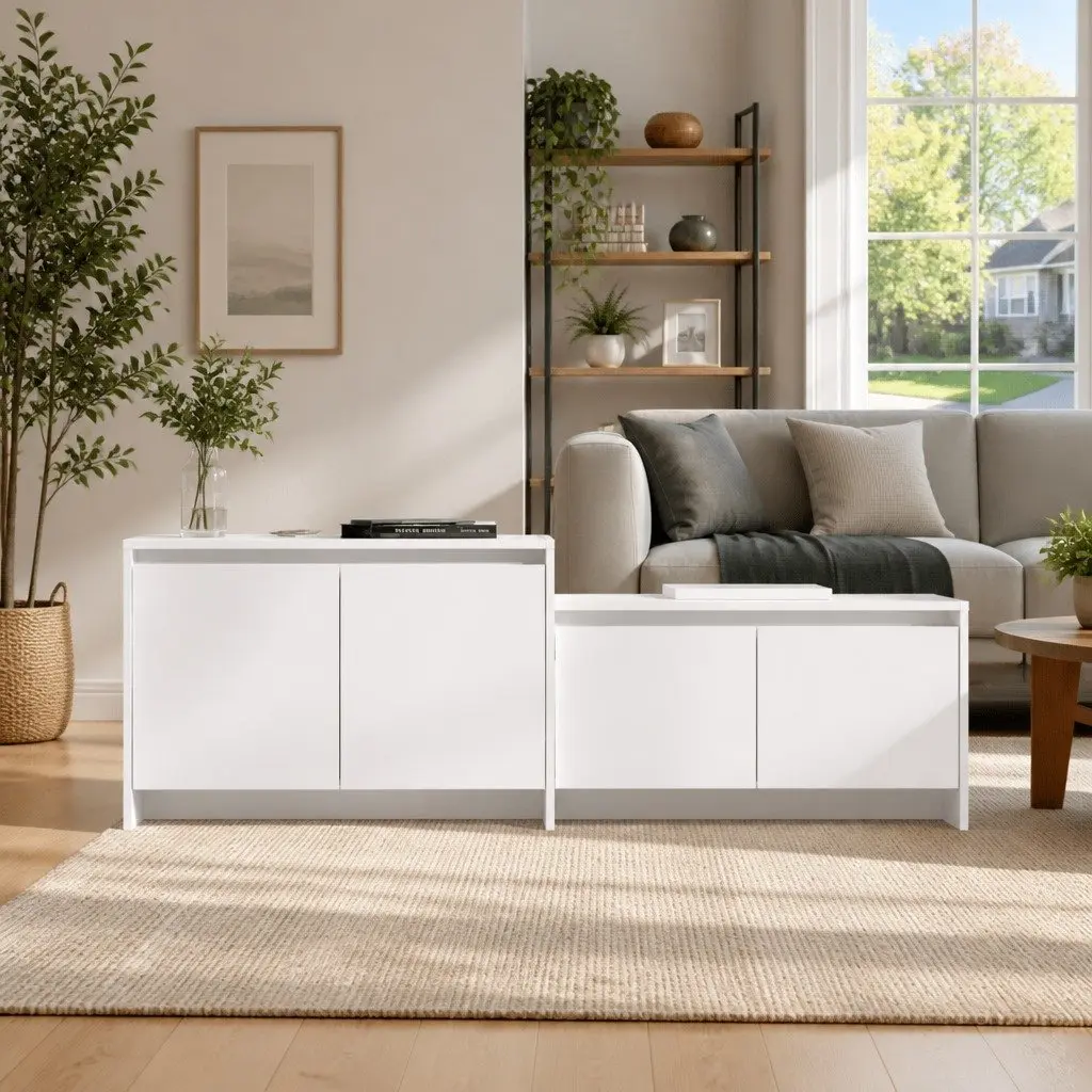 TV Cabinet White 4 Door Lowboard Living Room Storage Organiser Unit 1465 x 350 x 500 mm