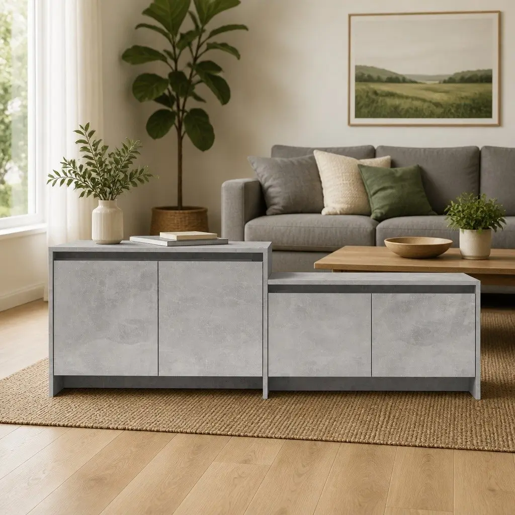 TV Cabinet Concrete Grey 4 Door Lowboard Engineered Wood 1465 x 350 x 500 mm