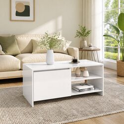 Modern White Coffee Table with Storage Compartment and Shelves for Living Room