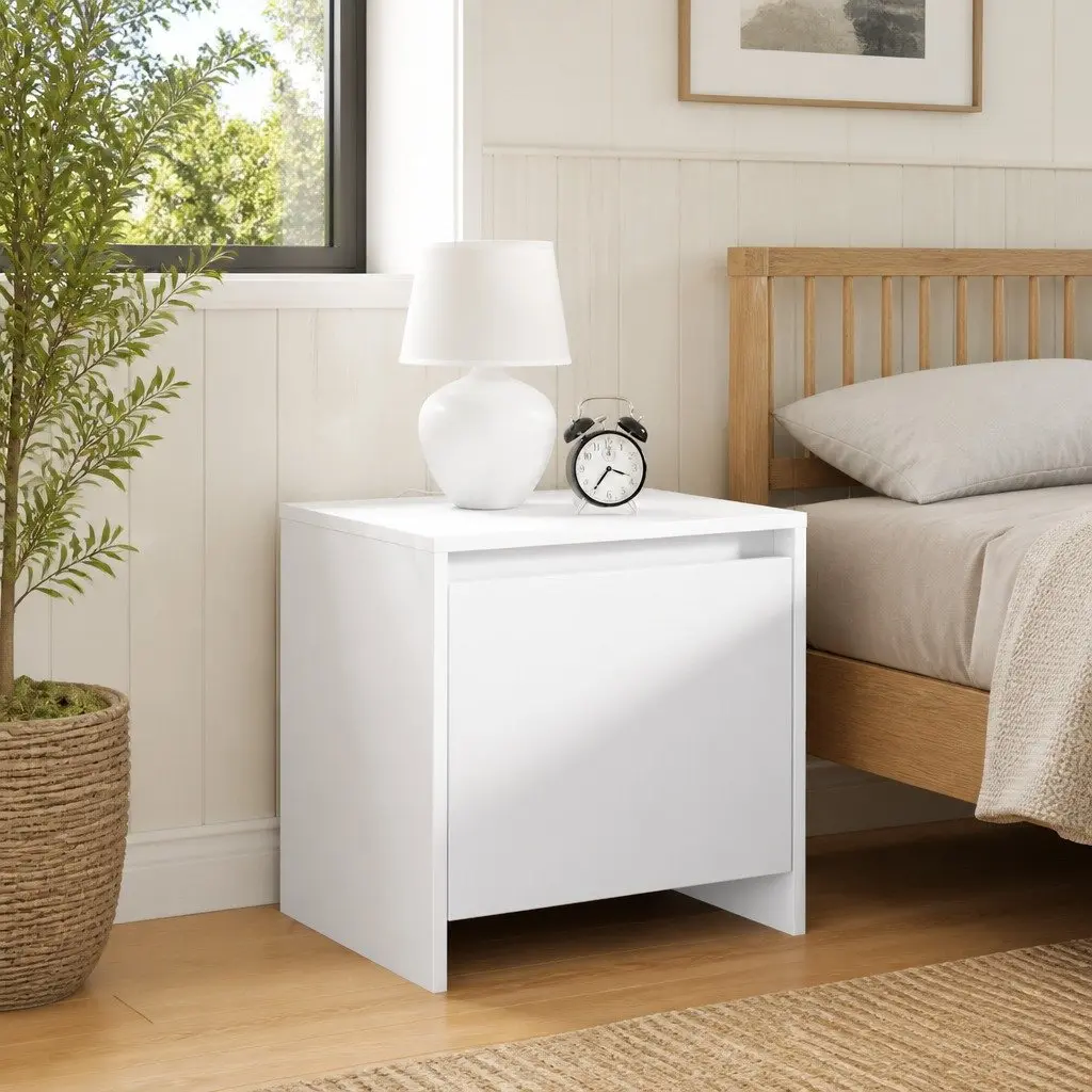 Bedside Cabinet White Engineered Wood Nightstand Storage 45cm Width 34cm Depth 44.5cm Height