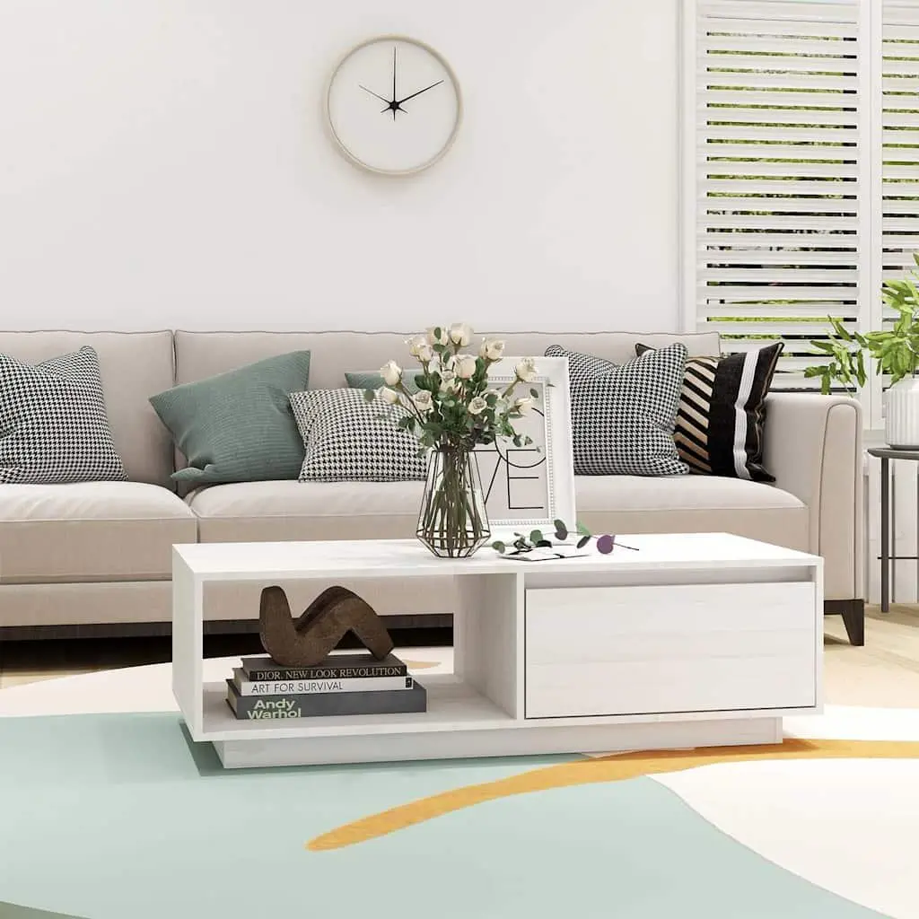 Coffee Table White Solid Pinewood Modern Design Living Room Accent Furniture