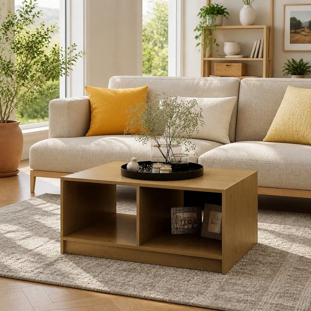 Brown Pinewood Coffee Table with Storage Shelf