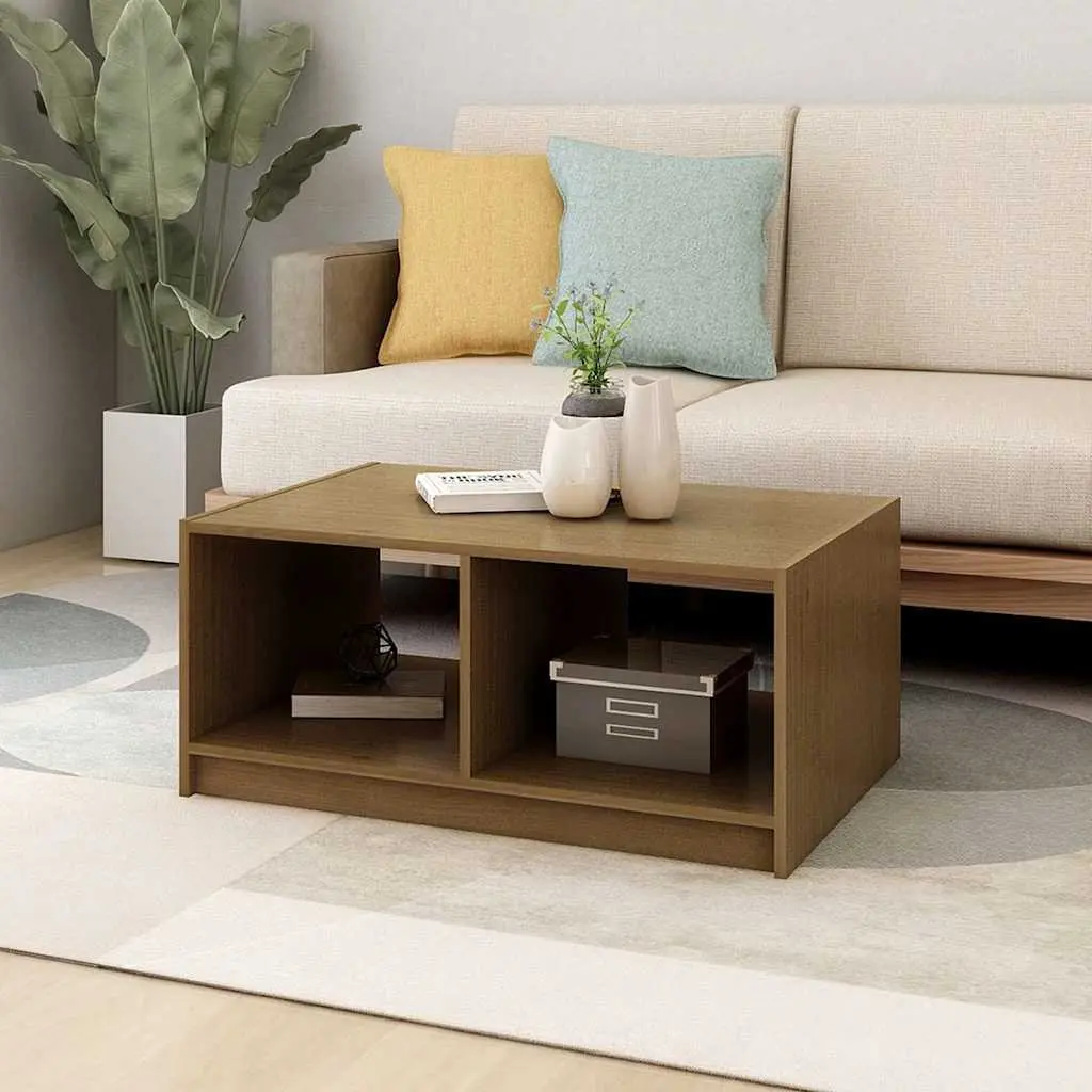 Brown Pinewood Coffee Table with Storage Shelf