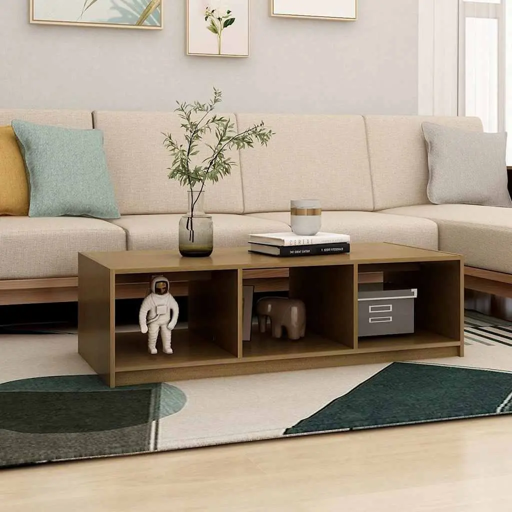 Coffee Table Honey Brown Solid Pinewood Living Room Accent Furniture Storage
