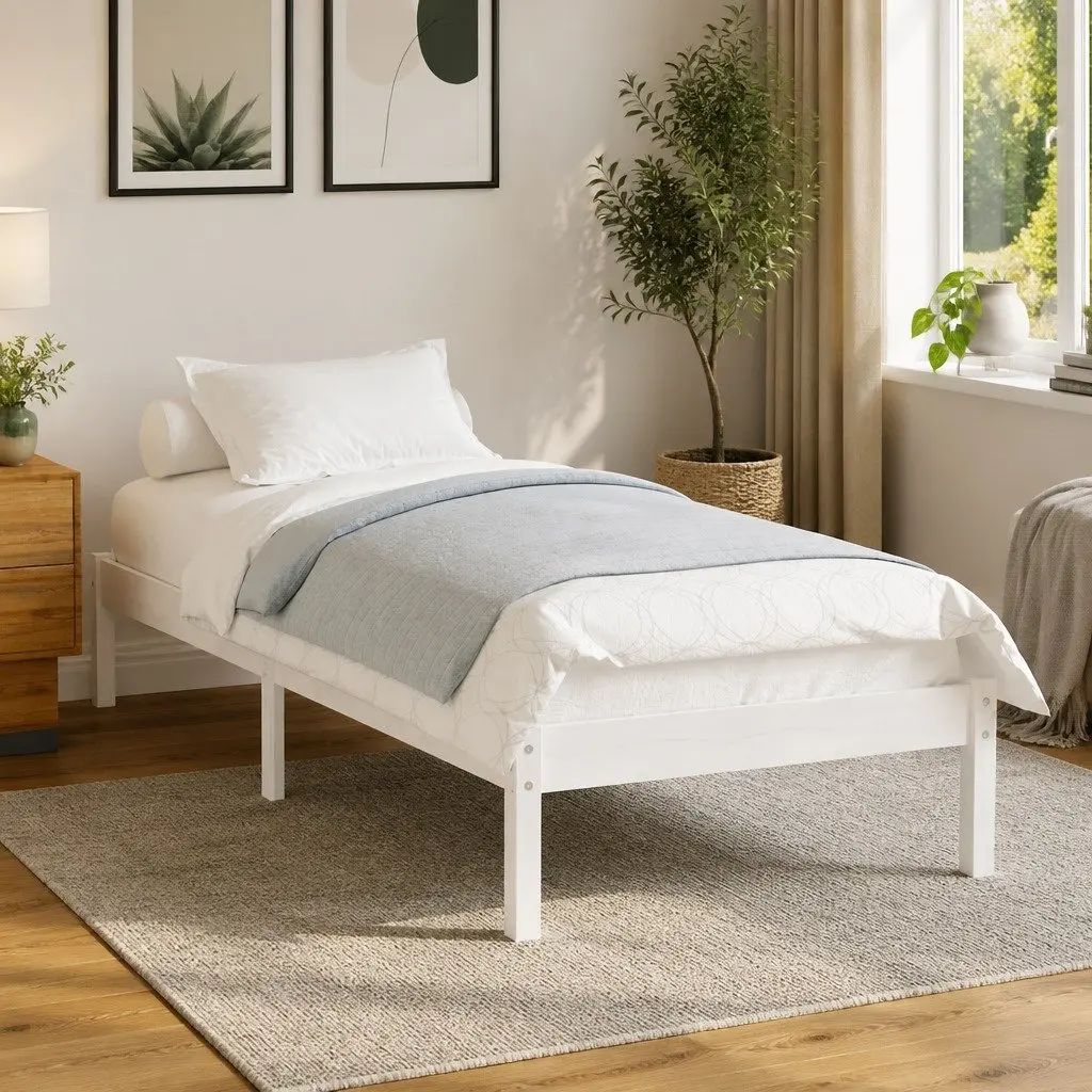 White Solid Pinewood Bed Frame 90x190 cm Slatted Base Modern Bedroom Furniture
