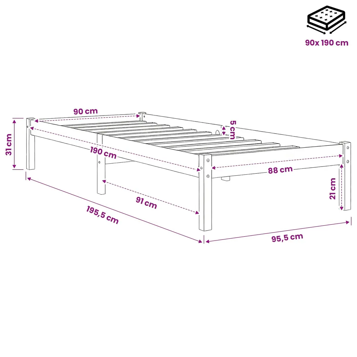 White Solid Pinewood Bed Frame 90x190 cm Slatted Base Modern Bedroom Furniture