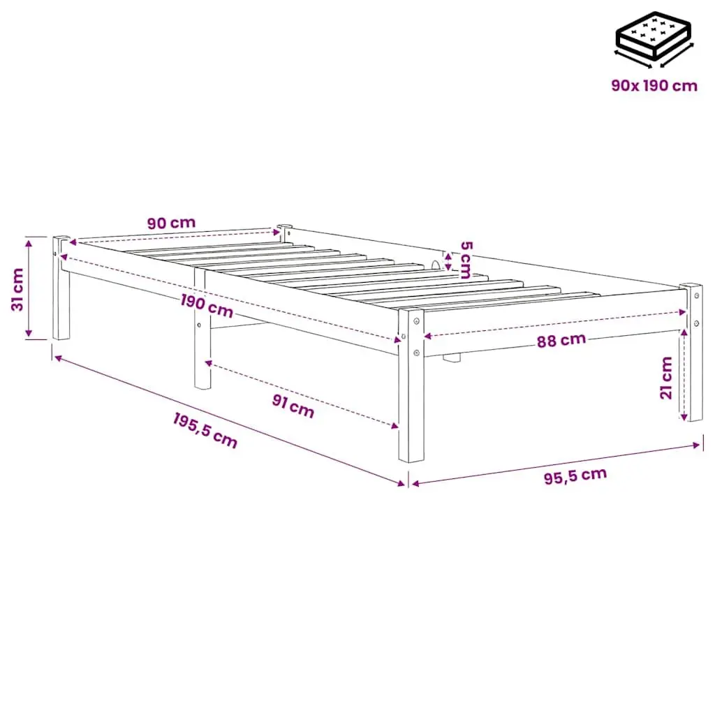 White Solid Pinewood Bed Frame 90x190 cm Slatted Base Modern Bedroom Furniture