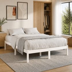 White Solid Wood Bed Frame 135x190 cm Slatted Base Modern Bedroom Furniture