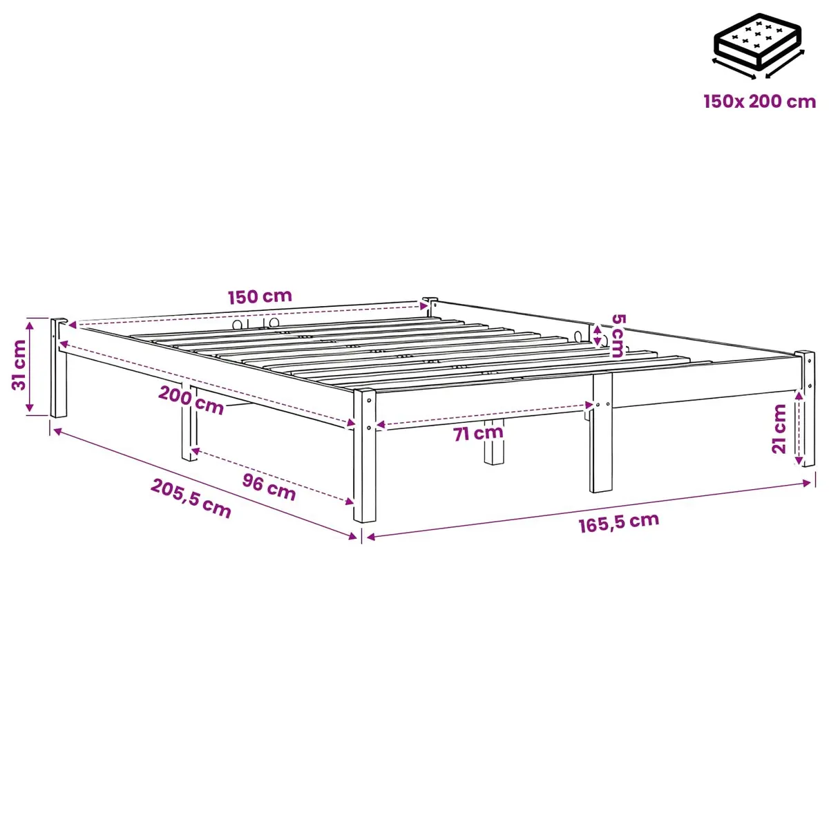 Solid Wood Bed Frame 150x200 cm Brown Bedroom Furniture Slatted Base