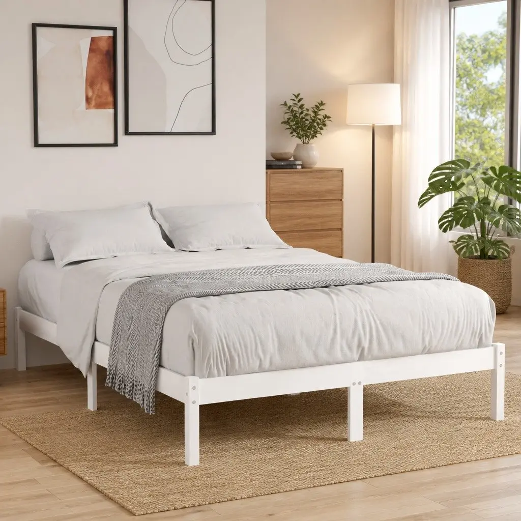 Bed Frame White Solid Wood Slatted Base 150x200 cm Modern Bedroom Furniture