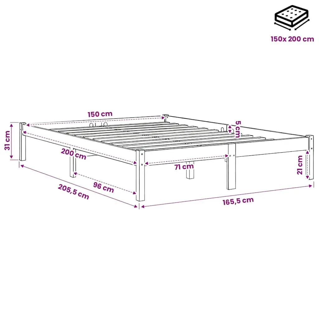 Bed Frame White Solid Wood Slatted Base 150x200 cm Modern Bedroom Furniture