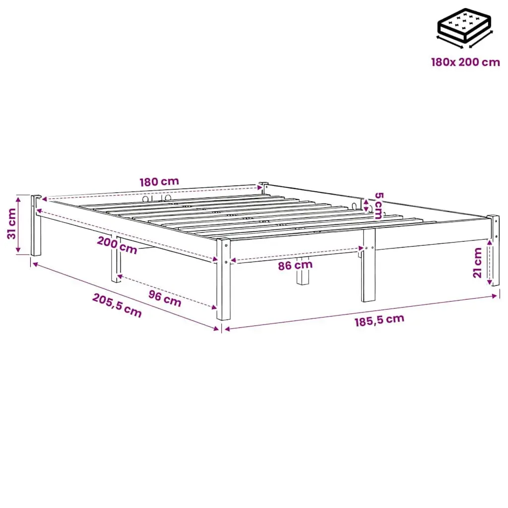 King Size Bed Frame Solid Wood Slatted Base 183x203 cm