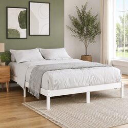 White Solid Wood King Bed Frame 183x203cm Modern Bedroom Furniture Slatted Base
