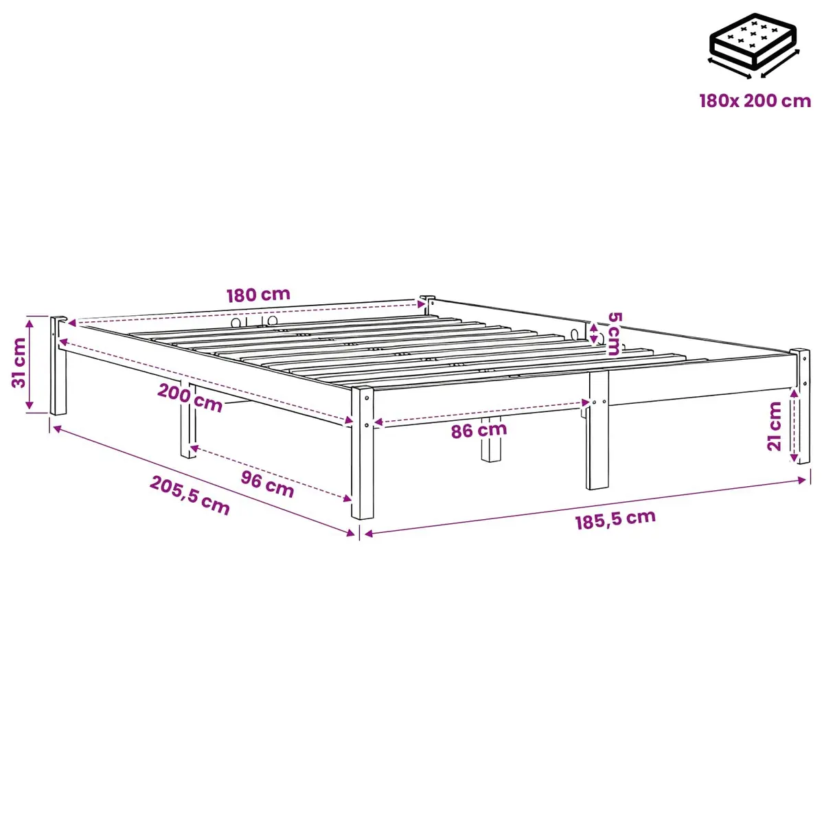 White Solid Wood King Bed Frame Slatted Base 183x203cm Modern Bedroom Furniture