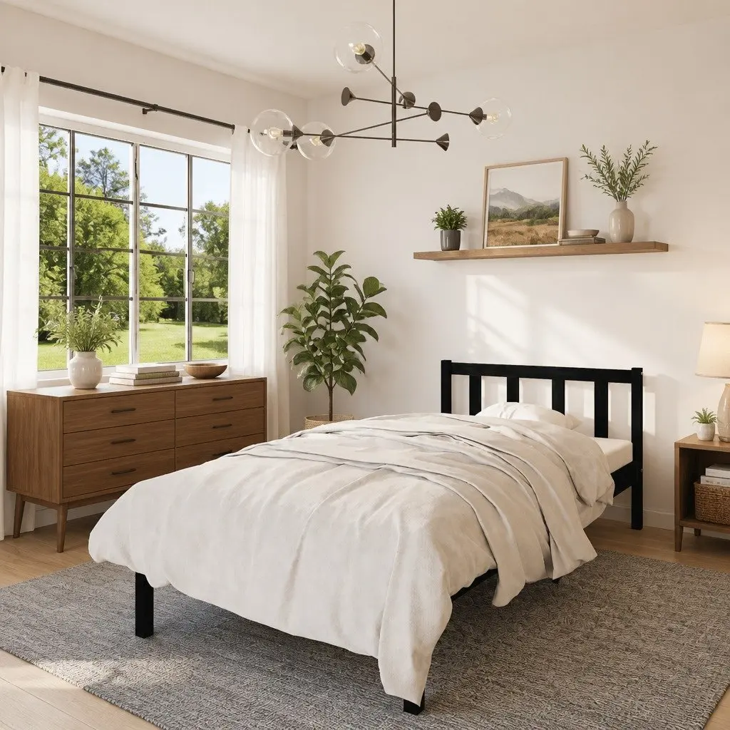 Black Single Size Bed Frame Solid Pinewood 90x190 cm Bedroom Furniture