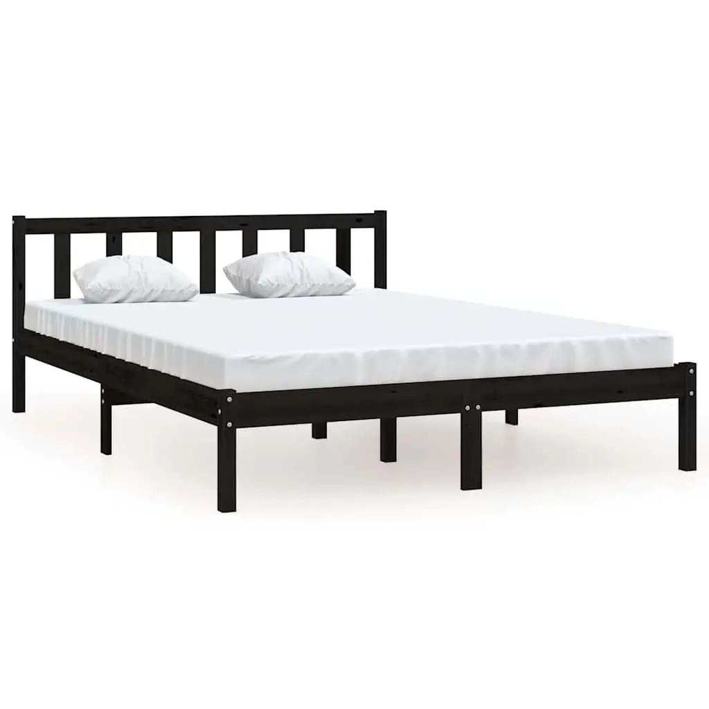 Bed Frame Black Solid Wood 135x190 cm Slatted Base Modern Bedroom Furniture
