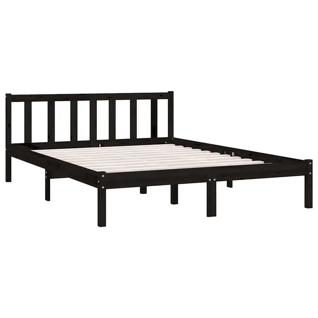 Bed Frame Black Solid Wood 135x190 cm Slatted Base Modern Bedroom Furniture