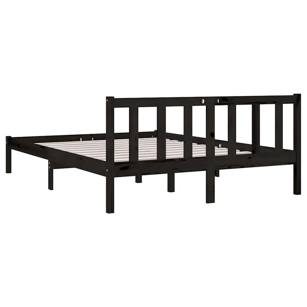 Bed Frame Black Solid Wood 135x190 cm Slatted Base Modern Bedroom Furniture