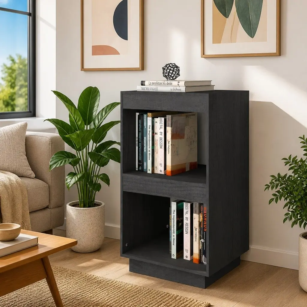 Book Cabinet Grey Solid Pinewood Storage Shelving Unit