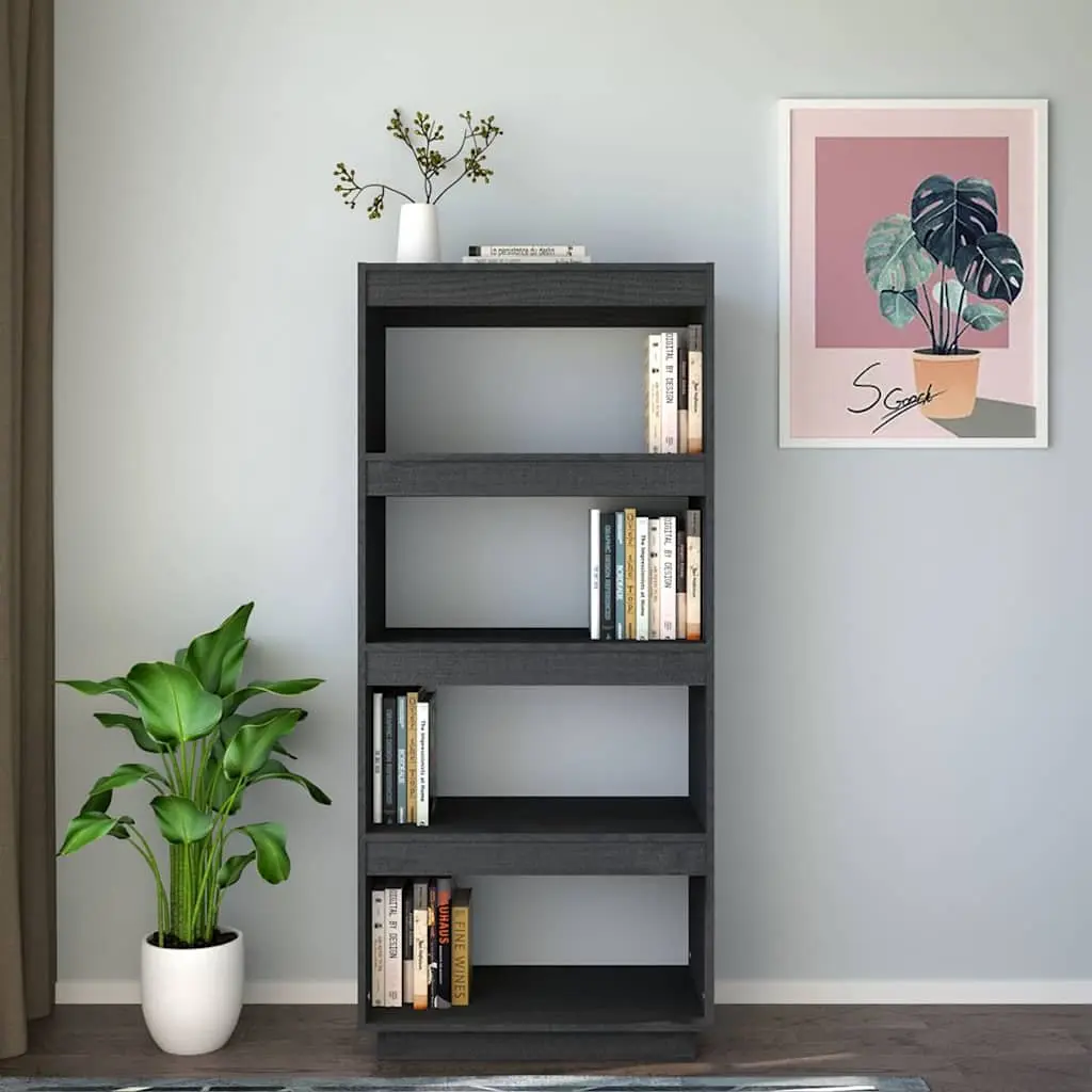 Wooden Bookcase Grey Solid Pine Room Divider Shelving Unit 60x35x135cm