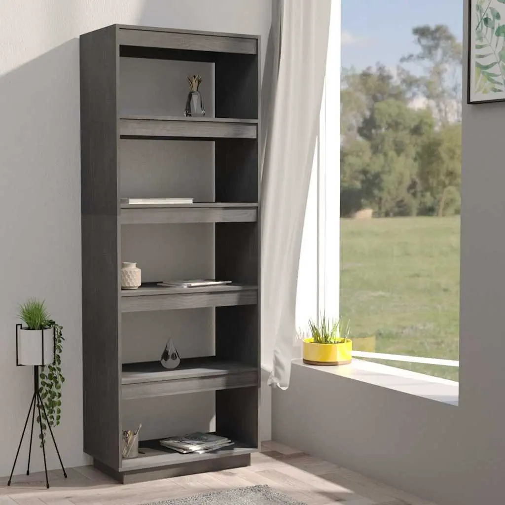 Book Cabinet Room Divider Grey Solid Pinewood 60x35x167cm Shelving Storage Unit