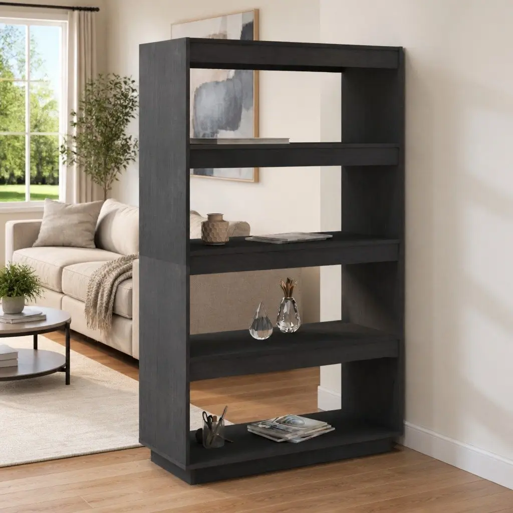 Book Cabinet Room Divider Grey Solid Pinewood Shelving Unit