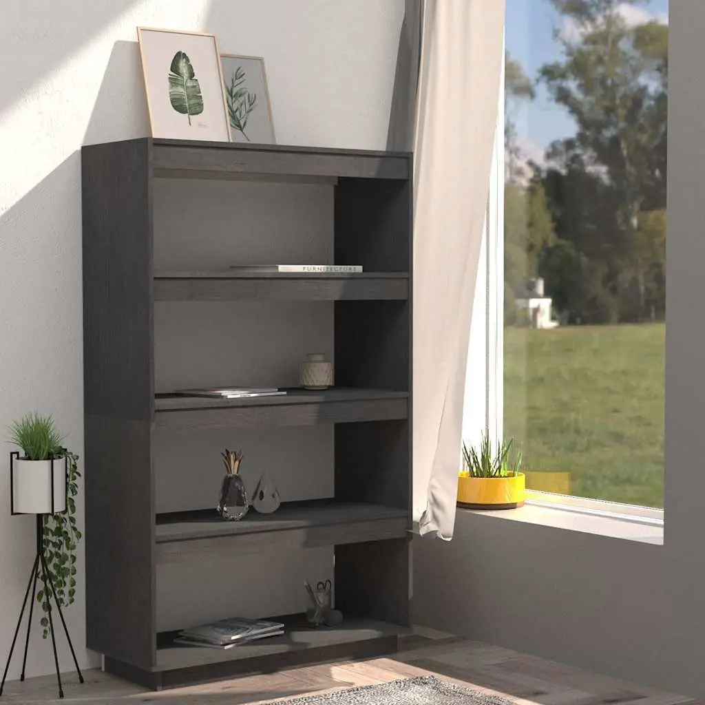 Book Cabinet Room Divider Grey Solid Pinewood Shelving Unit
