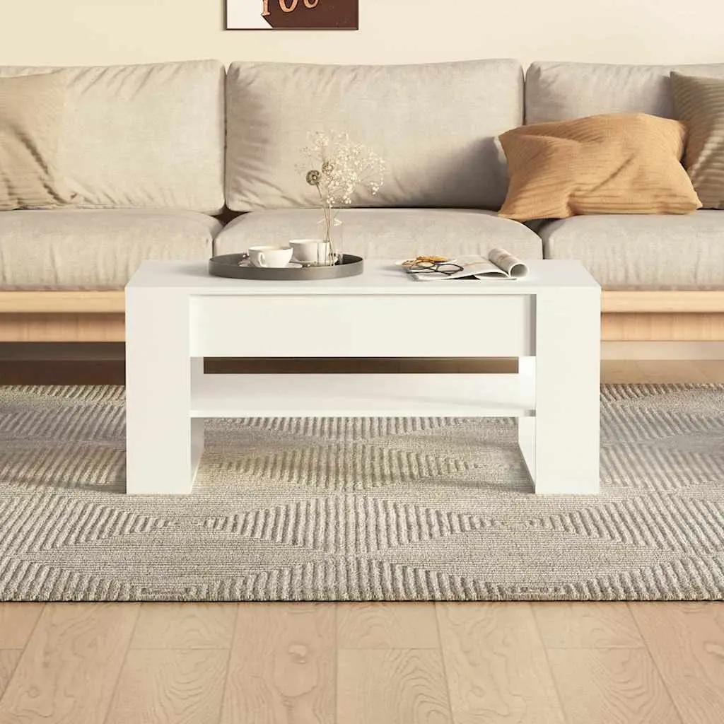 White Engineered Wood Coffee Table Spacious Tabletop with Storage Shelf 102L x 55W x 45H cm